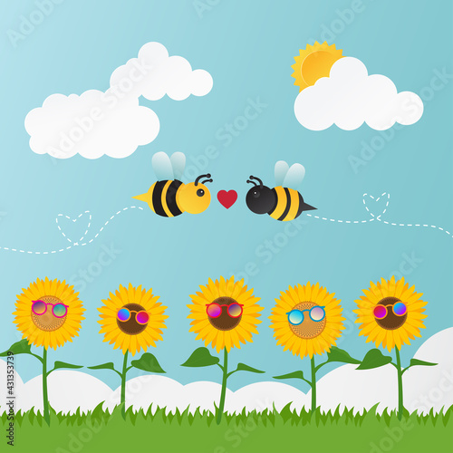 Valentines day. Cute bee couple with heart icon at sunflower field in the morning. Sunflowers wearing sunglasses. illustration vector