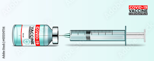 Covid-19 coronavirus vaccine. Syringe and vaccine. Treatment for coronavirus covid-19. Isolated vector illustration.