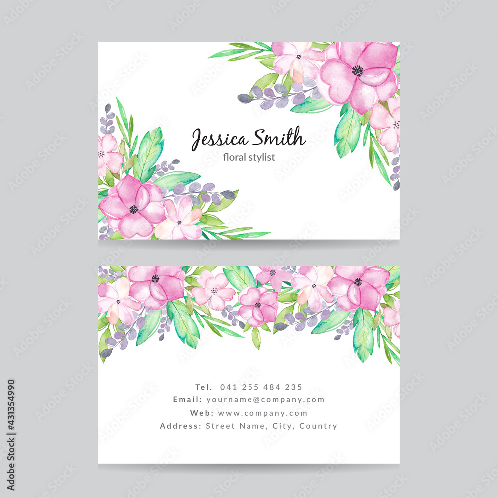 Watercolor floral business card. Business card with hand painted flowers. 