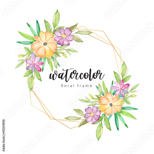 Watercolor floral frame with gold border