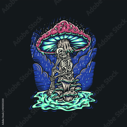 Vector illustration of skeleton with mushrooms, hand drawn line style with digital color