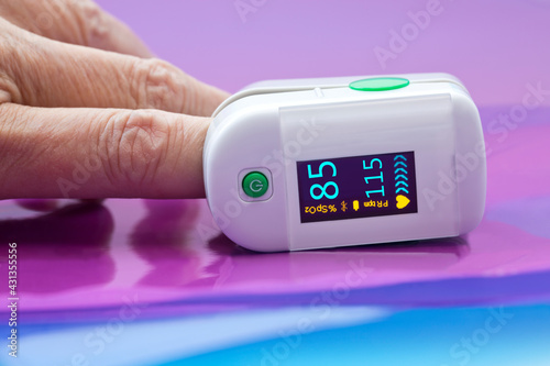 Photography Pulse oximetry showing low oxygen saturation of blood and high pulse rate