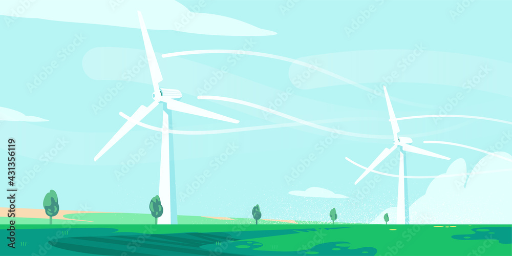 Vector Illustration WindMill in the meadow landscape. Renewable Energy. Clean and Free Energy
