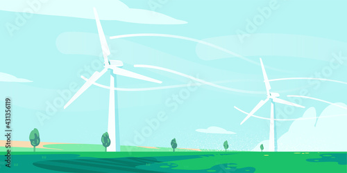 Vector Illustration WindMill in the meadow landscape. Renewable Energy. Clean and Free Energy