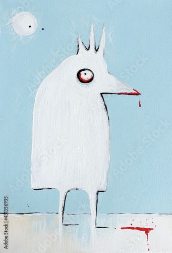 Big White Abstract Bird King and Creepy Moon on a Light Blue Background. Scary Halloween Illustration. Oil Painted Art with Hand Drawn Big White Sea Gull.