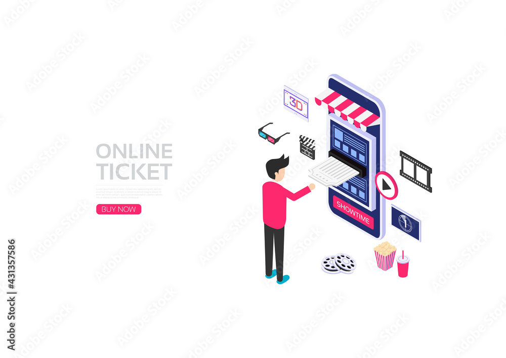 Isometric smartphone with application icon, online ticket booking