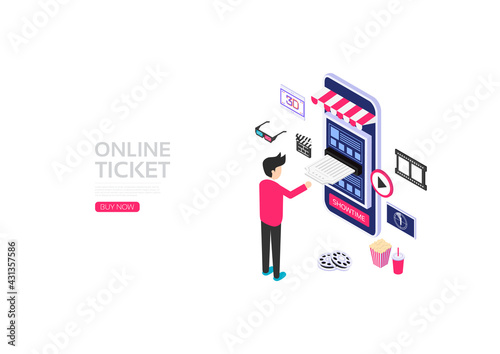 Isometric smartphone with application icon, online ticket booking