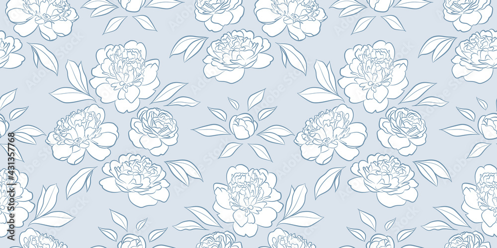 Blue and white peonies, seamless repeat pattern vector background