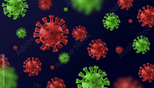 Virus Covid 19-NCP. Coronavirus nCoV denoted is single-stranded RNA virus. Novel Coronavirus 2019-nCoV. Realistic 3d red viral cells on black background. Danger symbol vector illustration.