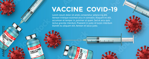 Covid-19 Coronavirus vaccine. Corona virus vaccination with vaccine bottle and syringe injection tool for covid19 immunization treatment. Vector illustration blue background.