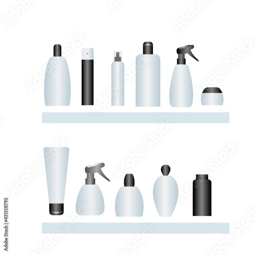 A set with tubes, vials, cans, sprayers on the shelves. Vector illustration with separate templates for cosmetics on a white background.