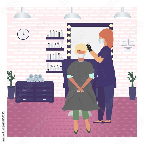 Vector illustration of a masked and gloved barber giving a haircut to a woman in a beauty salon. Visit to the barber shop with the use of personal protective equipment.