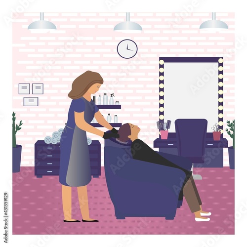 Vector illustration with a hairdresser who washes the hair of a girl in a beauty salon. Visit to the barber shop. Hair care in a beauty studio.