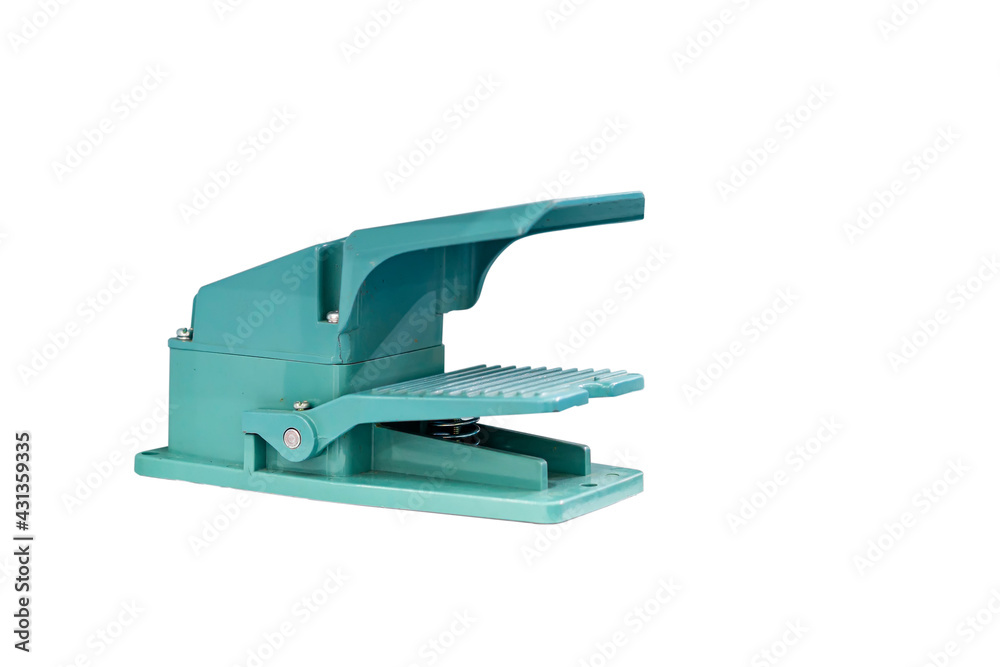 Metal foot switch equipment for on off start stop or control electric tool or machine in industrial isolated with clipping path