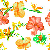 Autumn Flower Wallpaper. Yellow Hibiscus Design. Orange Tropical Garden. Red Exotic Leaves . Seamless Decor. Pattern Design.Summer Texture.Monstera Plant.