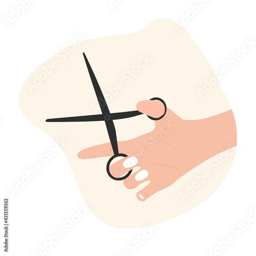 A hand holds a pair of hairdressing scissors. Vector illustration.