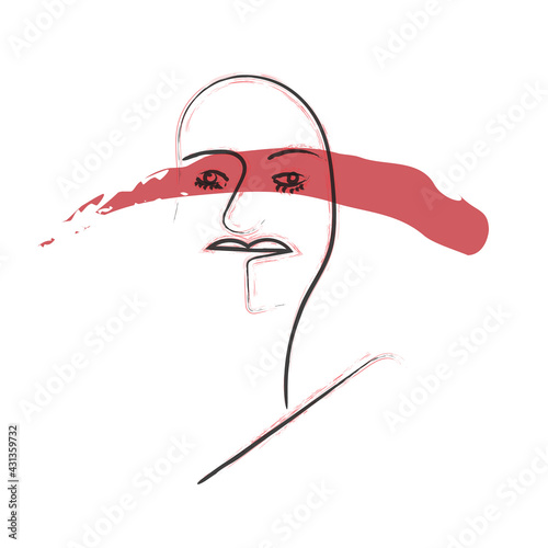 contemporary portrait in lineart with ink strokes, red stroke on eyes. social issues concept. human rights