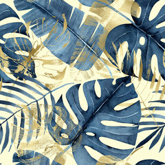 Wandcirkels Blauw goud patronen Tropische bladeren aquarel marineblauw goud  © Outlander1746