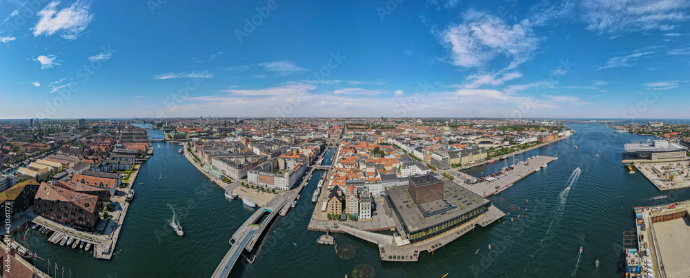 Naklejka premium Denmark Nyhavn Copenhagen Port opera Drone panorama