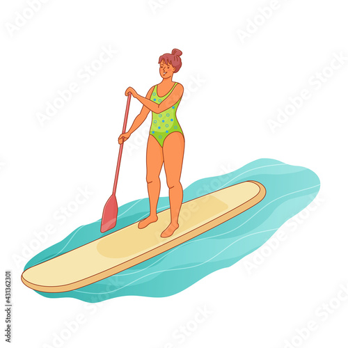 Standing woman is paddling with paddle board on the water. Sup boarding outdoor activity. Vector isolated outline colorful illustration in cartoon style. 