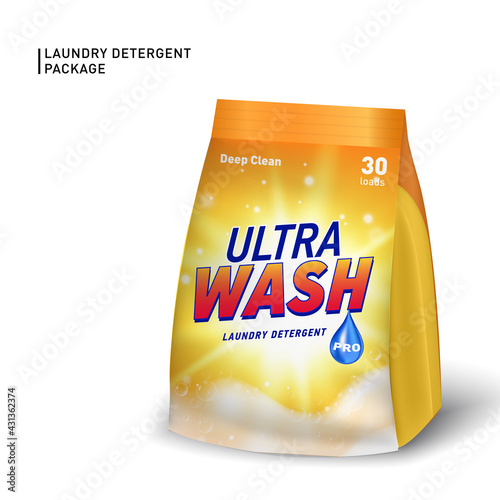 Realistic soft container for detergent. Detergent package template with designed logo and realistic soap foam.