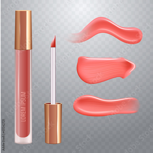 Make-up set for lips with realistic creme smear, realistic liquid lipstick.