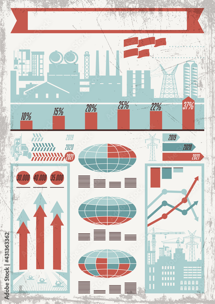 Industrial Infographic Vector Illustration, Retro Propaganda Posters Stylization, Plants and Factories, Harvesters and Infographic Elements