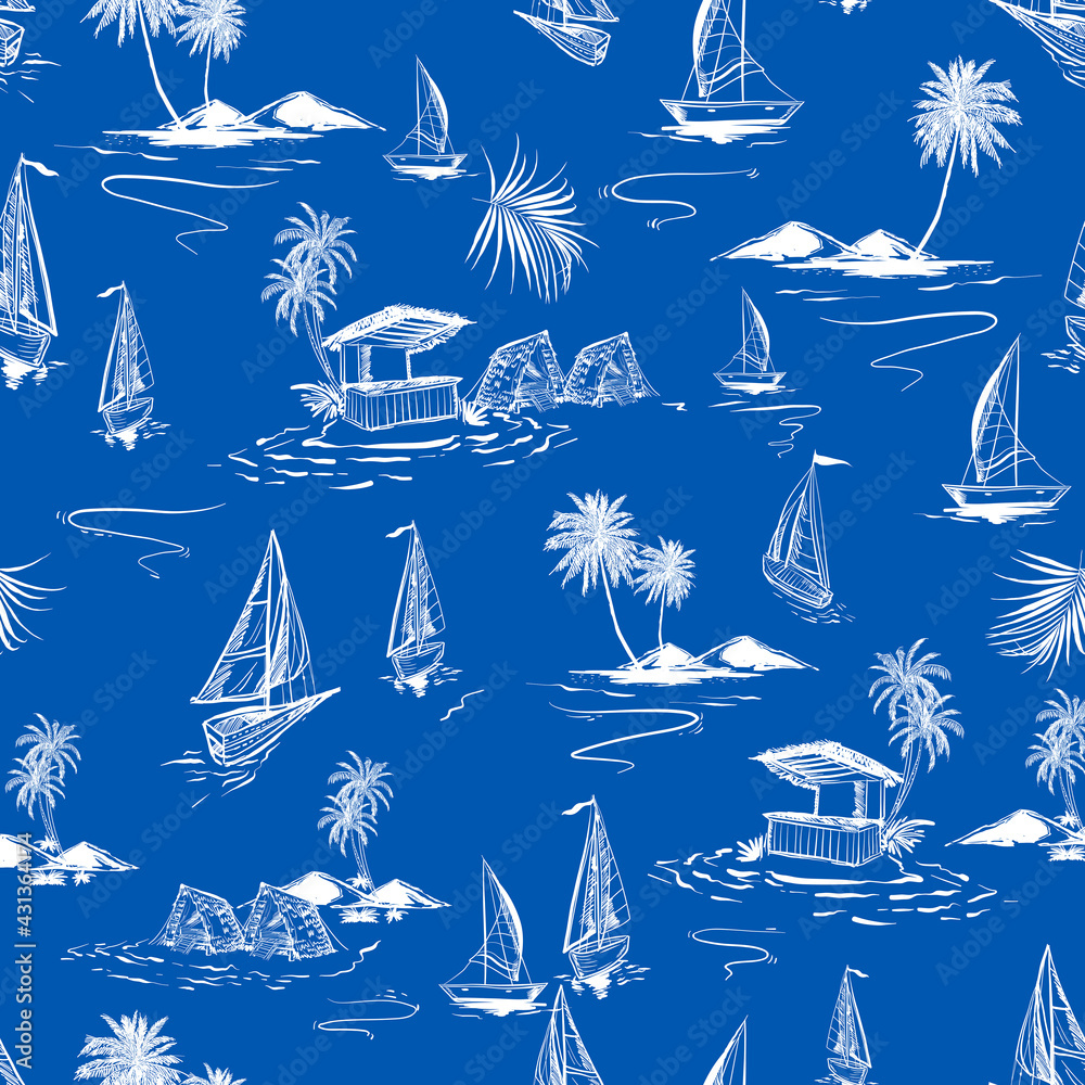 Beautiful seamless white hand sketch island pattern on ocean blue background. Landscape with palm trees, beach