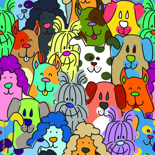 seamless pattern with colorful doodle dogs