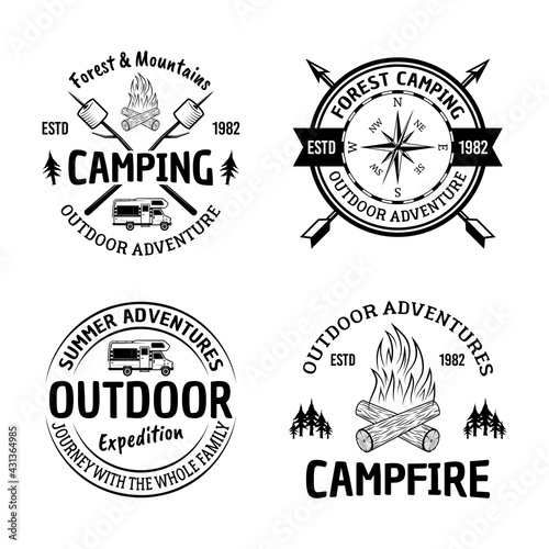 Set of camping and outdoors vector vintage black emblems, labels, badges or logos isolated on white background