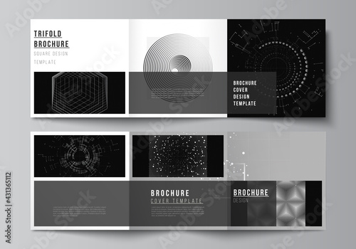 Vector layout of square covers design templates for trifold brochure, flyer, cover design, book design.Black color technology background. Digital visualization of science, medicine, technology concept