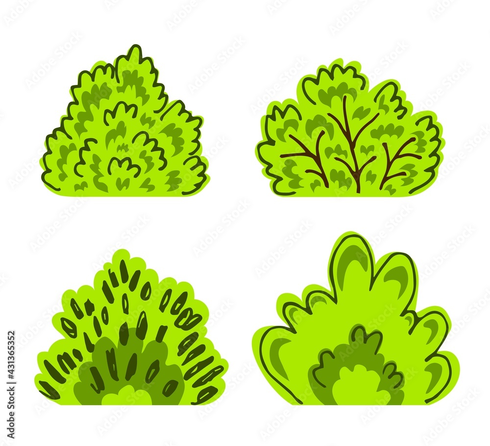 Simple color vector set in flat cartoon style. Bright green bushes ...