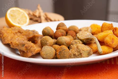 Fritto misto all'Ascolana Ascolana  called mixed fried Ascolana is a traditional dish of Ascoli Piceno area in Marche region photo