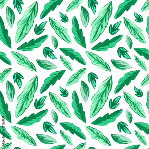 Watercolor seamless pattern with hand-drawn green leaves in different sizes on white background.Natural design for fabrics textile wrapping paper