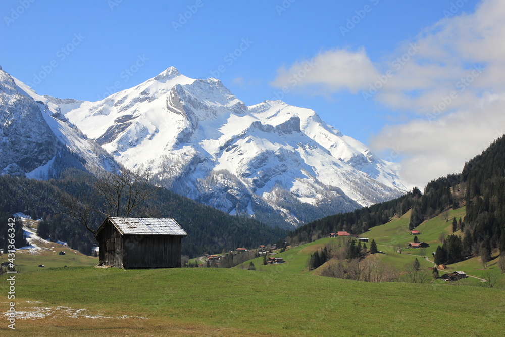 Old shed and snow covered mountain Oldehore. Old shed and snow covered mountain Oldehore.
