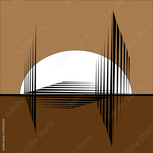 Abstract illustration featuring black parallel lines and a white moon rise, on a two-tone brown background
