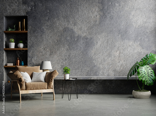 Living room interior style loft on empty concrete wall background. photo