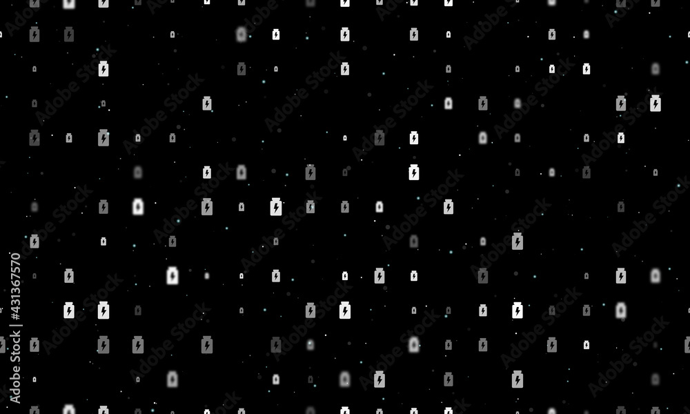 Seamless background pattern of evenly spaced white power jar symbols of different sizes and opacity. Vector illustration on black background with stars Seamless background pattern of evenly spaced white power jar symbols of different sizes and opacity. Vector illustration on black background with stars