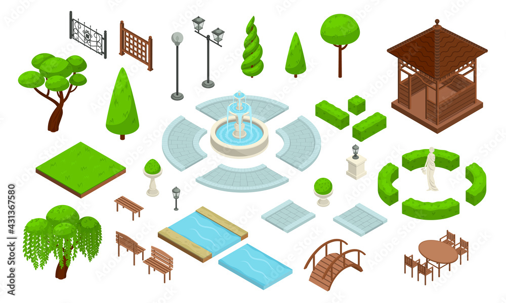 Landscape Design Park Isometric Constructor Icon Set Stock Vector ...