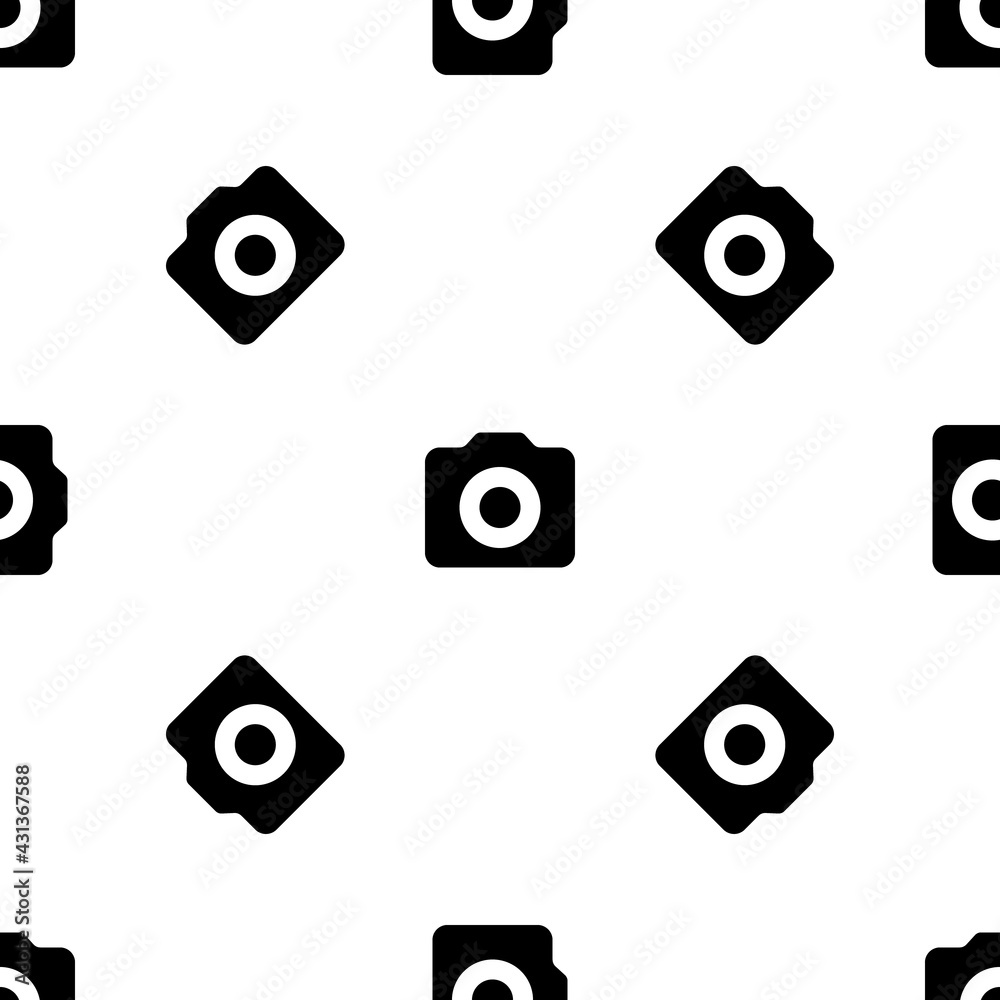 Seamless pattern of repeated black photo camera symbols. Elements are evenly spaced and some are rotated. Vector illustration on white background
