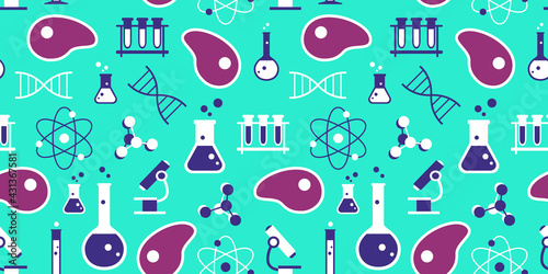 Cultured meat science seamless pattern. Repetitive vector illustration of lab grown meat science concept. Concept of cultured meal, lab grown meat, synthetic meat, science, laboratory.