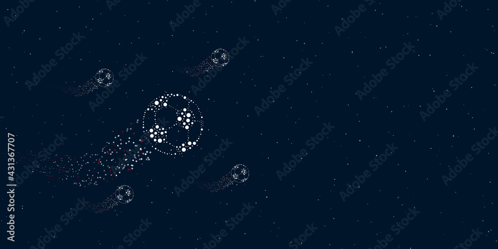 A football symbol filled with dots flies through the stars leaving a trail behind. Four small symbols around. Empty space for text on the right. Vector illustration on dark blue background with stars
