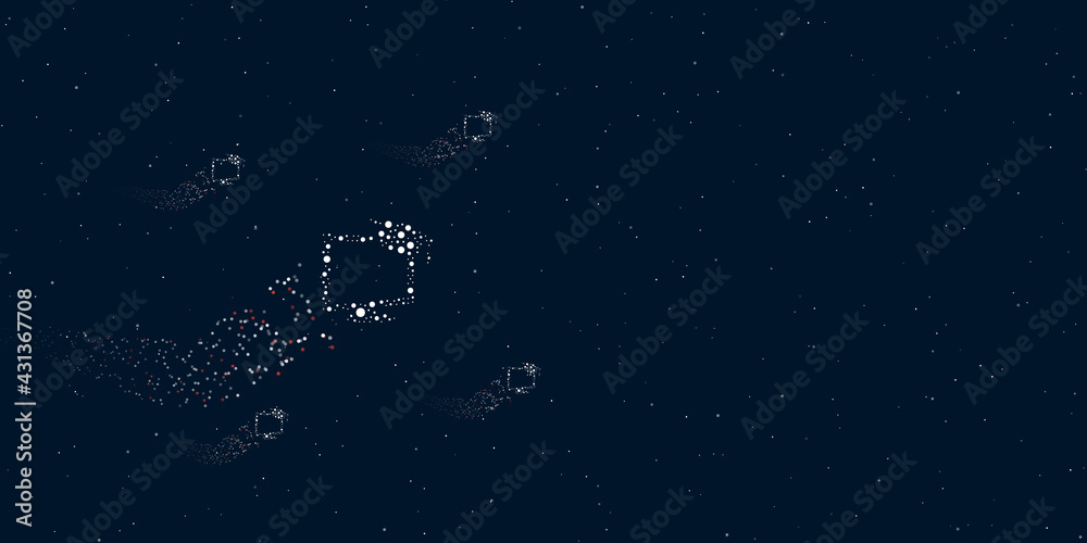 Obraz premium A distance learning symbol filled with dots flies through the stars leaving a trail behind. There are four small symbols around. Vector illustration on dark blue background with stars