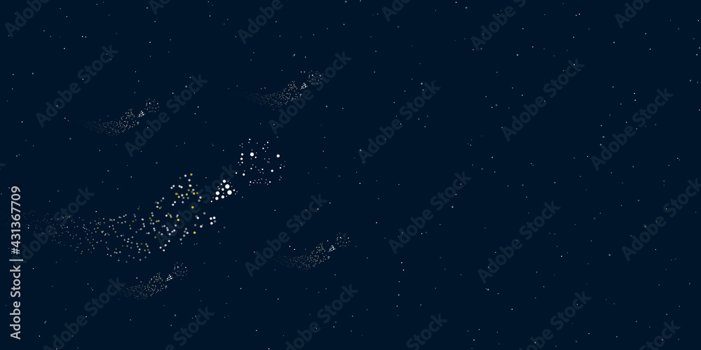 A exploding party popper filled with dots flies through the stars leaving a trail behind. There are four small symbols around. Vector illustration on dark blue background with stars