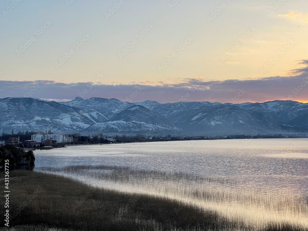 winter sunset over Pogradec, Albania, lake Ohrid winter sunset over Pogradec, Albania, lake Ohrid