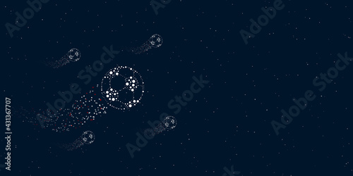 A football symbol filled with dots flies through the stars leaving a trail behind. Four small symbols around. Empty space for text on the right. Vector illustration on dark blue background with stars