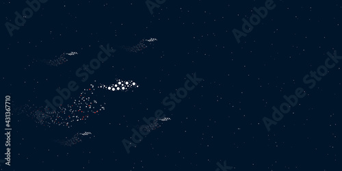 A dolphin symbol filled with dots flies through the stars leaving a trail behind. Four small symbols around. Empty space for text on the right. Vector illustration on dark blue background with stars