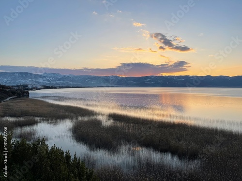 winter sunset over Pogradec  Albania  lake Ohrid panorama