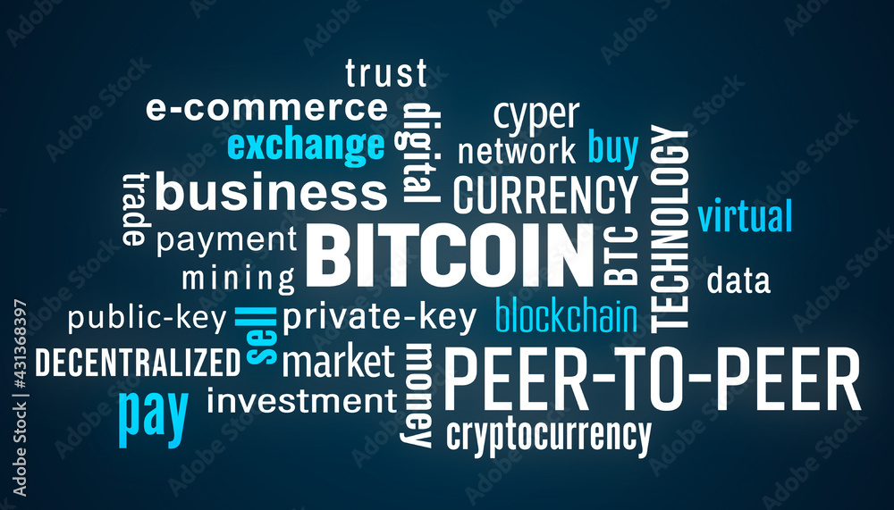 Illustration of a keyword cloud with terms related to bitcoin Illustration of a keyword cloud with terms related to bitcoin