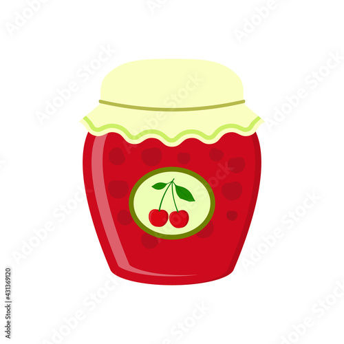 Cherry jam icon. Cherry jam in glass jar. Vector illustration.